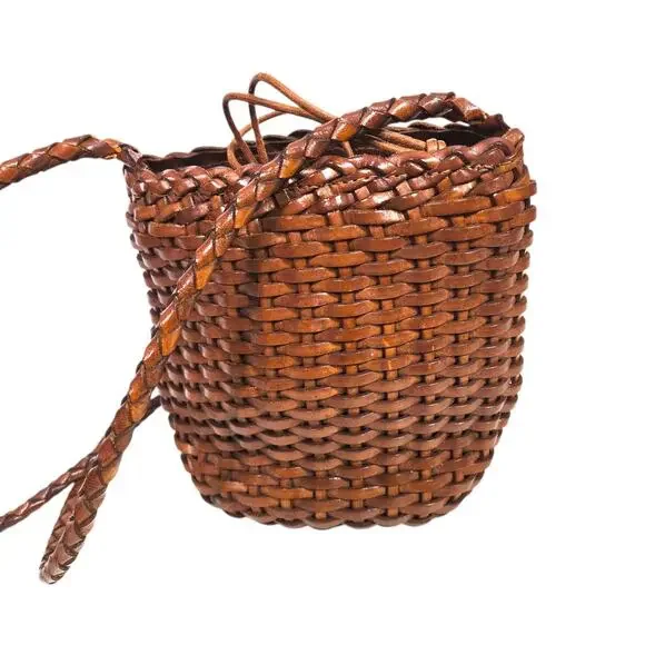Vintage Ellepi Woven Bucket Bag Brown Leather Crossbody Drawstring Cottagecore - Picture 13 of 16